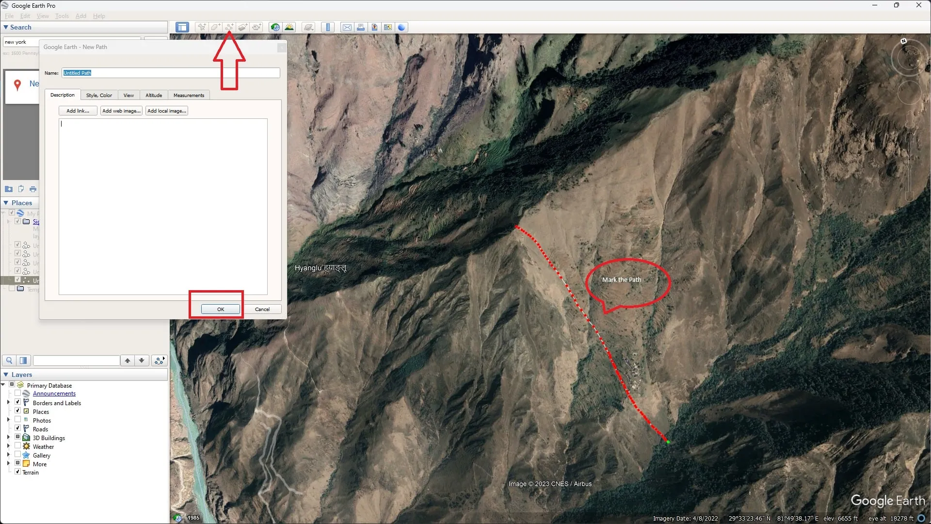 Google Earth Pro with the Add Path tool selected and a route drawn on a mountainside