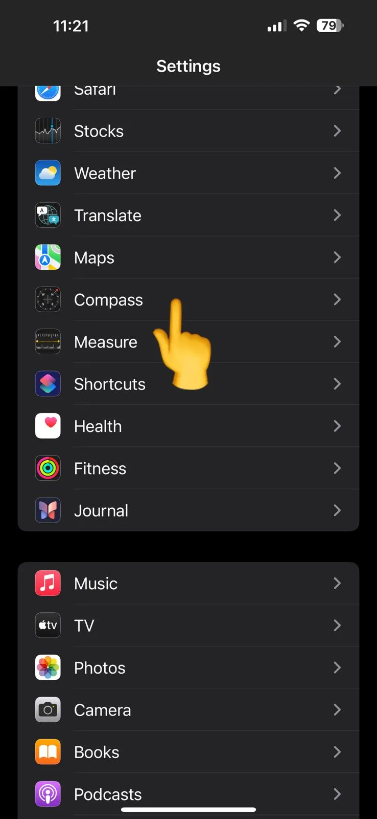 iPhone Settings list with Compass highlighted