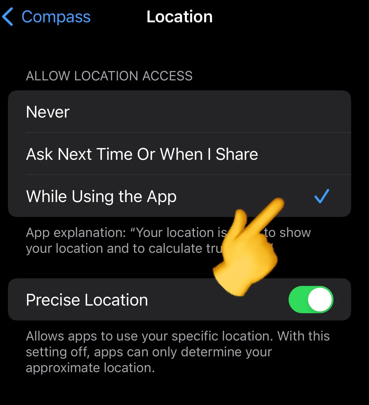 Location access set to While Using the App, with Precise Location on