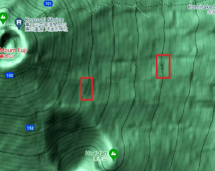 Contour lines with elevation labels on a mountain in Google Maps Terrain view