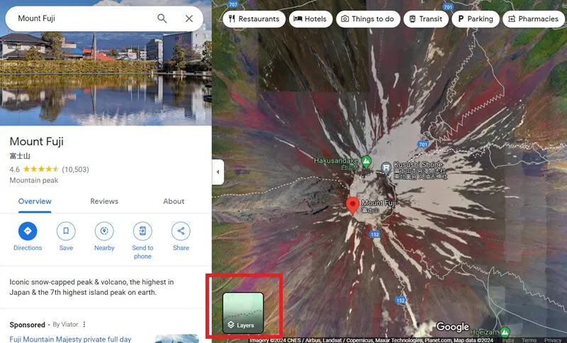 The Layers button in the lower-left corner of Google Maps on the web