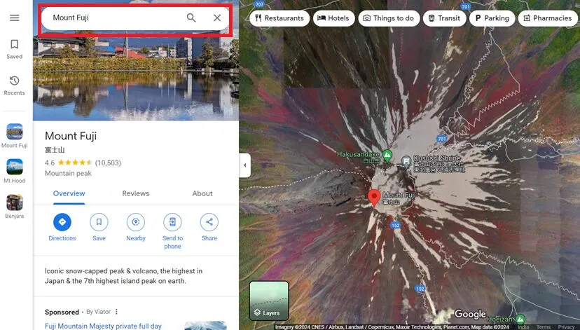 Google Maps with a location searched in the search box