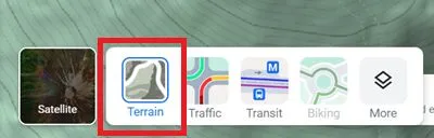 The Terrain option in the Google Maps layers menu