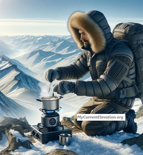 A man wearing jacket boiling water at snowy mountain